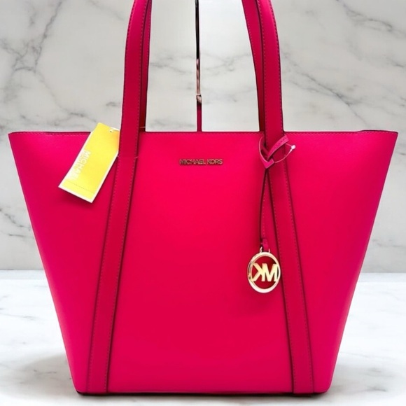 Michael Kors Pratt Large Signature Logo Tote Bag Electric Pink - Picture 1 of 10